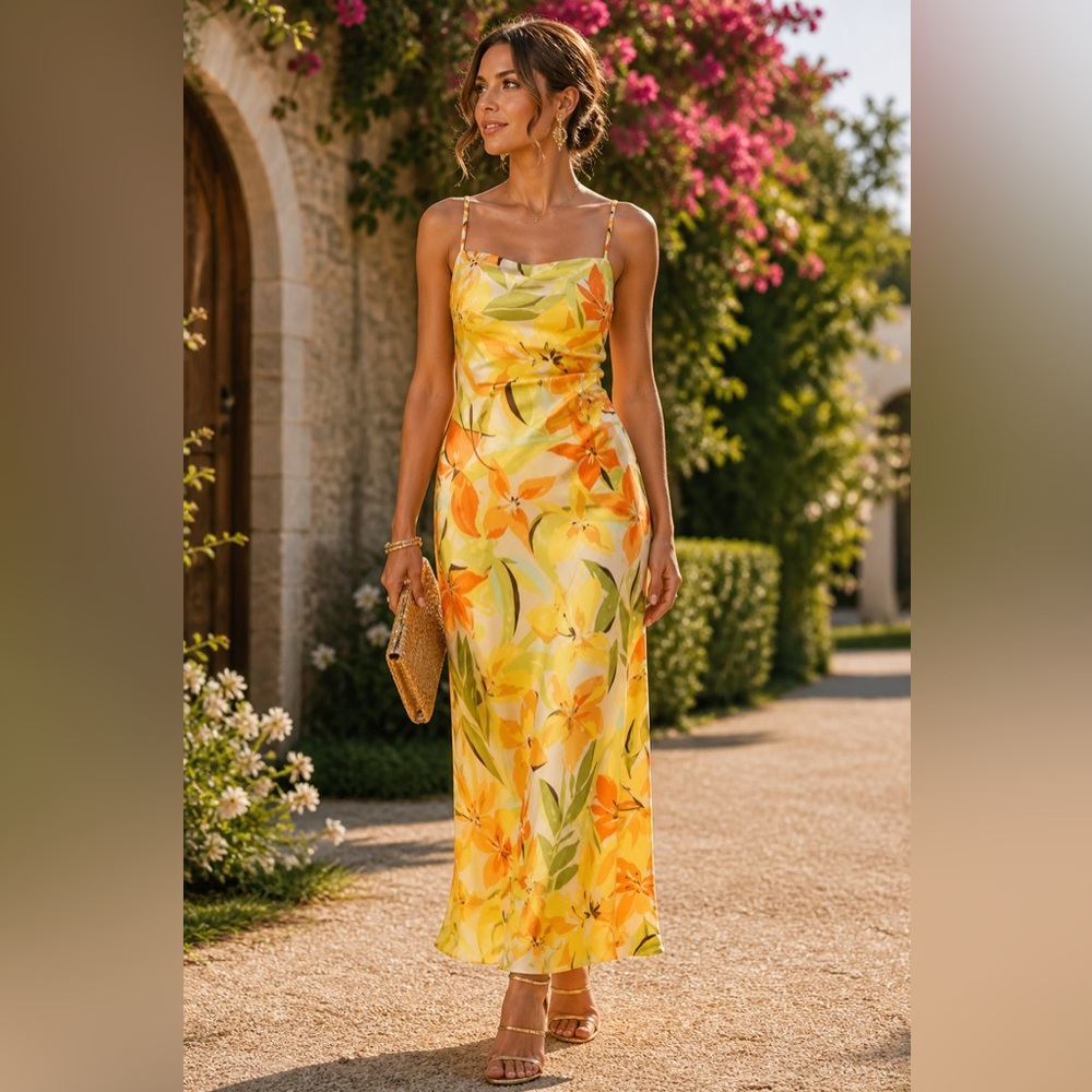 House of Harlow 1960 Satin Ruched Side Maxi Dress Floral $228‎ MSRP Size Small